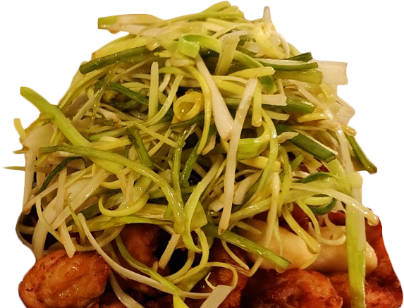 Korean fried boneless chicken topped with shredded green onions.